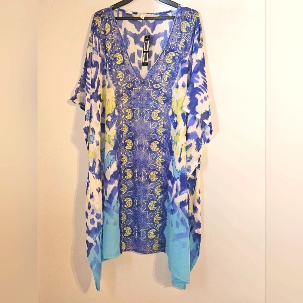 BIJOUX TERNER Embellished Blue, White & Yellow Patterned Kaftan Coverup One Size